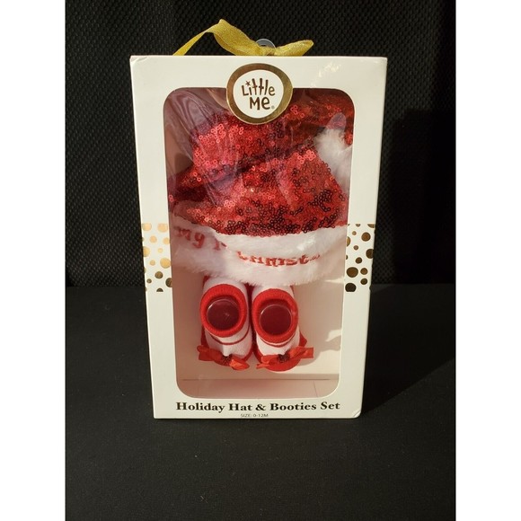 𝅺LITTLE ME Baby 1st Christmas Holiday Sequin Santa HAT & BOOTIES Set 0-12M NEW - Picture 1 of 4